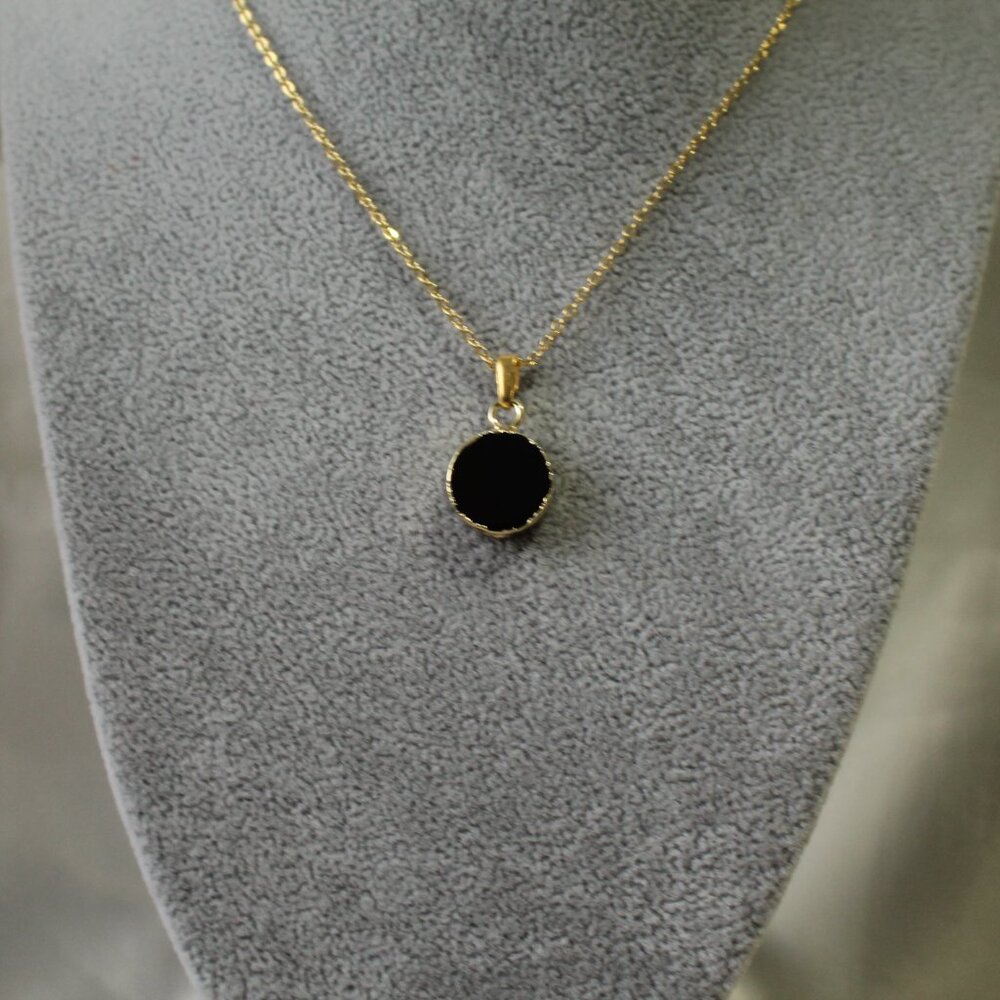 Black Druzy Round Stone Pendant Necklace – Gold Trim - Picture 1 of 5
